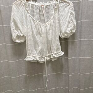 White Puff-Sleeve Smocked Hem Women's Top